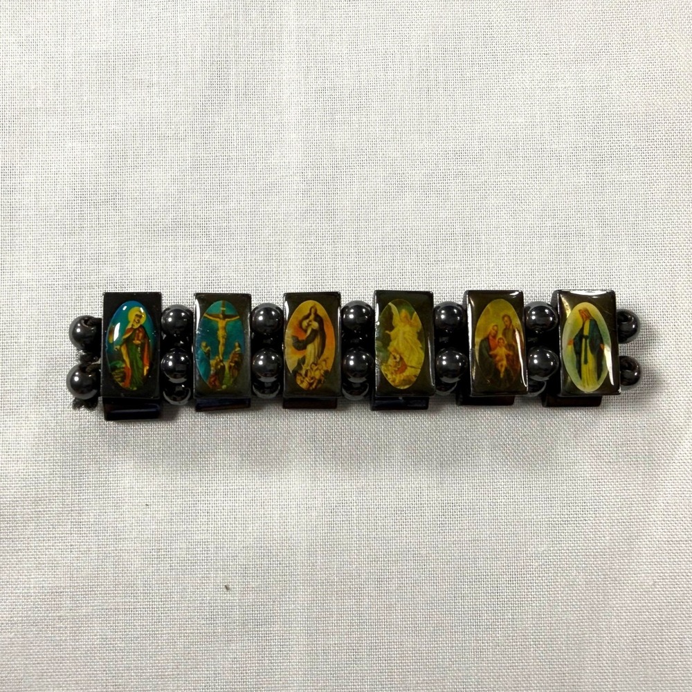 Religious Catholic Saint Magnetic Hematite Stretch Bracelet Double Sided Icons